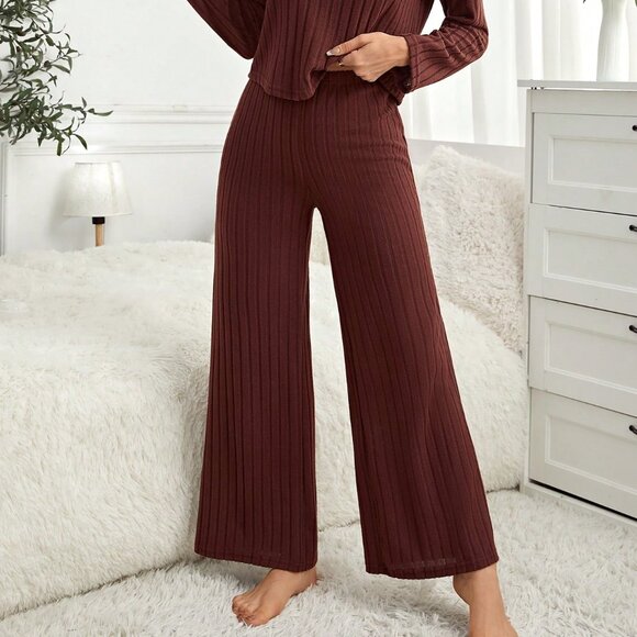 Coffee Brown Casual-Woman Women's Long Sleeve Ribbed lounge Set - Picture 3 of 6